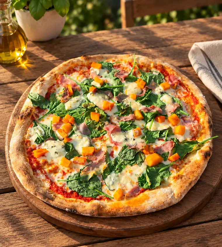 Pizza ze szpinakiem na drewnianej desce